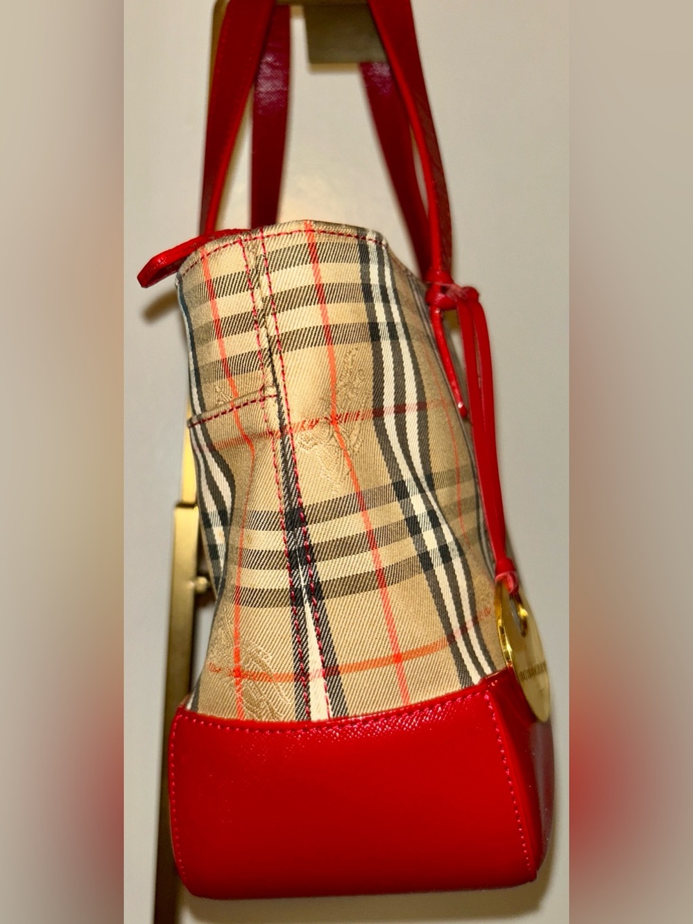 Burberry. Haymarket Check Canvas Tote Bag featuring vibrant red leather trim. - Picture 4 of 12